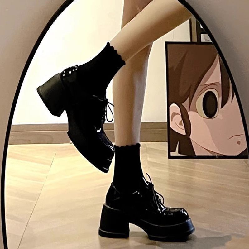 Lolita gi à y lolita gi à y lolita n Giày da nhỏ đế dày màu đen dành cho nữ mùa thu cao gót dày Mary