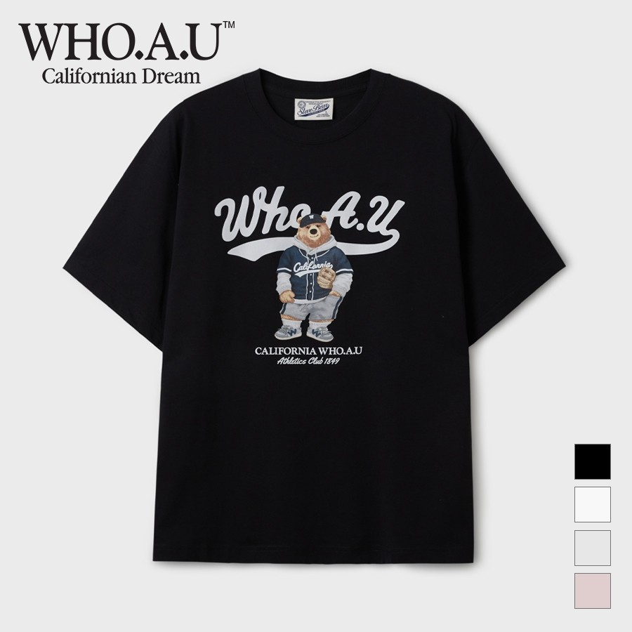 Áo thun ngắn tay in hình gấu bông bóng chày Mỹ của WHO dành cho nam và nữ, Áo thun Cotton dáng rộng 