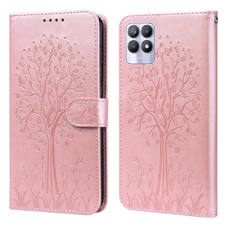 Dành Cho Realme 8i Tree & Deer Họa Tiết Bấm In Ngang Flip Leather Phone Case