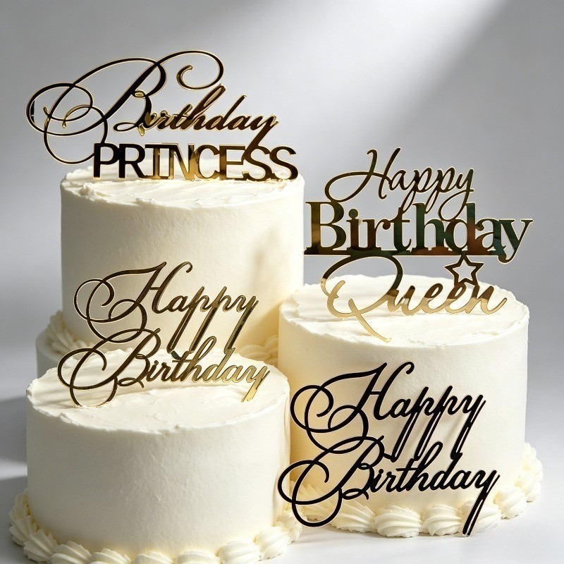 Toppers bánh Acrylic "Birthday Queen" & "Princess" sang trọng, hoàn thiện bằng kim loại