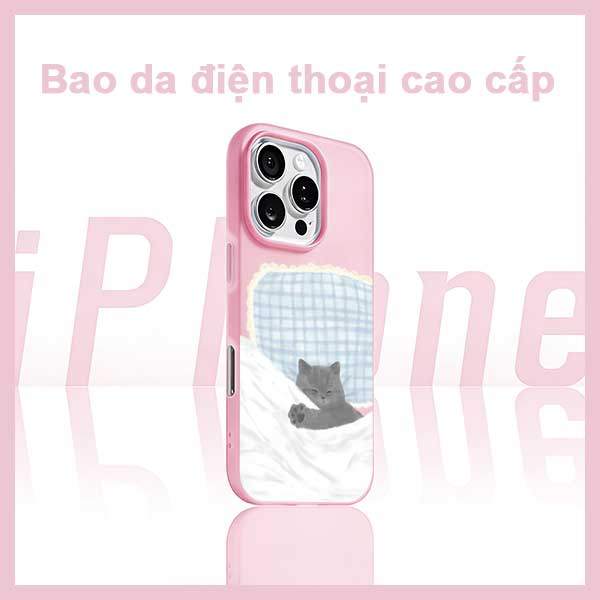 Ốp Lưng iPhone Mèo Xám Ngủ Dễ Thương Trên Gối Xanh  iP 11/12/13/14/15/16/17/Plus/Pro/Max