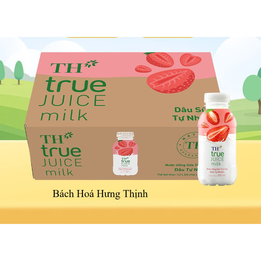 Thùng 24 Chai TH True Juice Milk Dâu 300ml | Sữa Trái Cây TH True Milk Thơm Ngon, Giàu Vitamin, Uống
