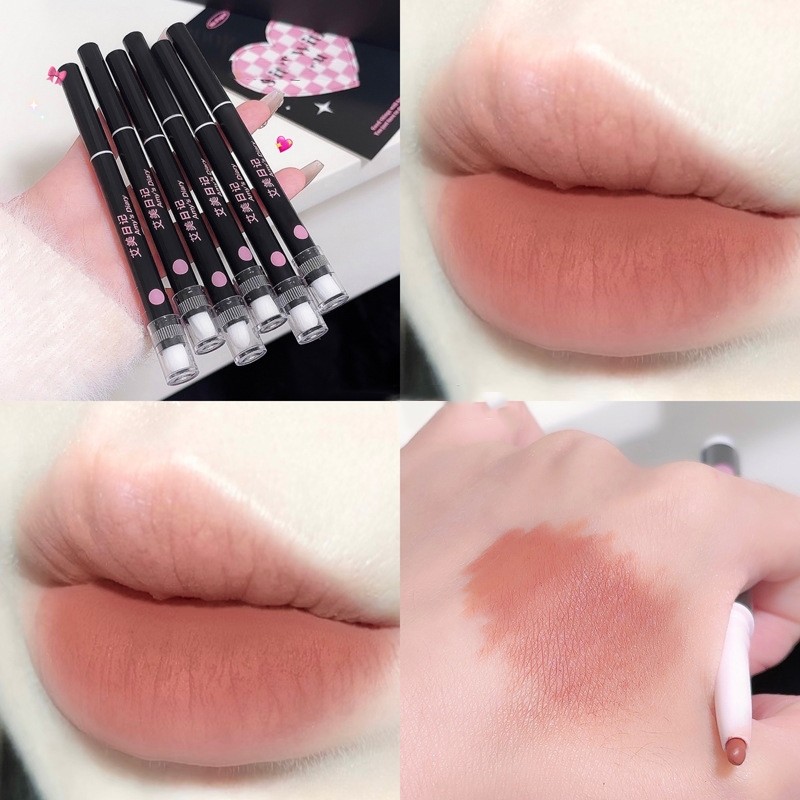 Hai Đầu Lip Liner Lip Brush Lip Pencil Velvet Mousse Multi Pencil Lip Liner Matte Chống Thấm Nước