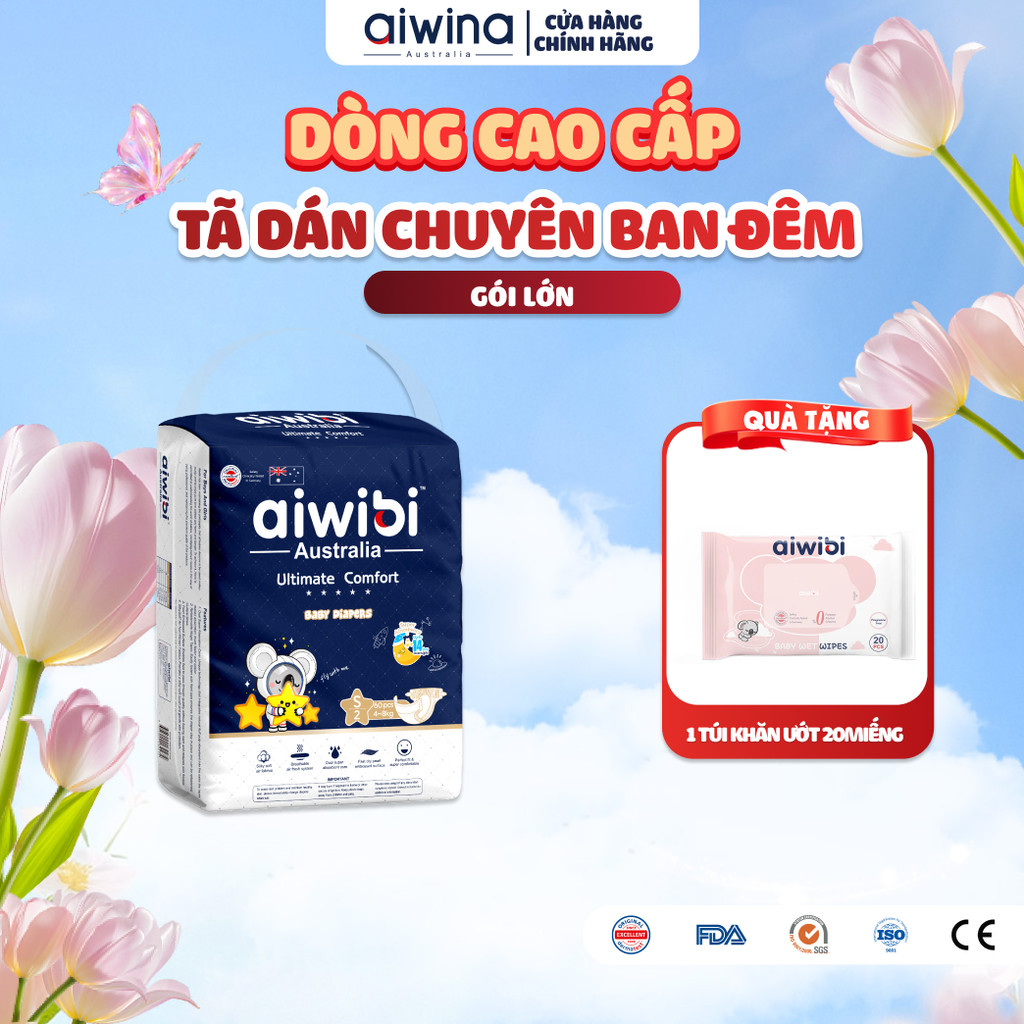 Tã/Bỉm Dán Cao Cấp Aiwibi Chuyên Ban Đêm Ultimate Comfort - Gói Lớn S/M/L