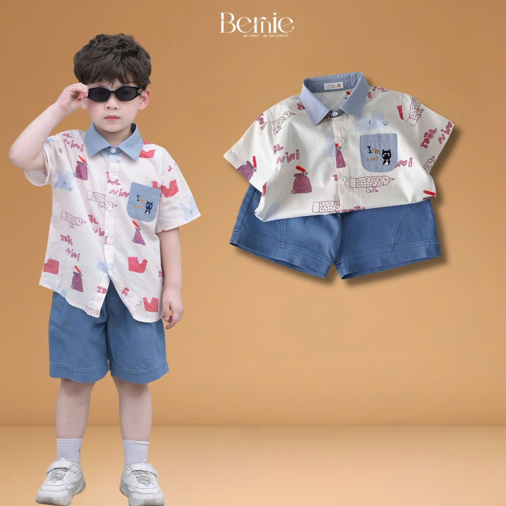 Set bộ đi chơi tay ngắn áo sơ mi họa tiết in tràn Idol bé trai quần short 11đến 28kg BERNIE T1255B13