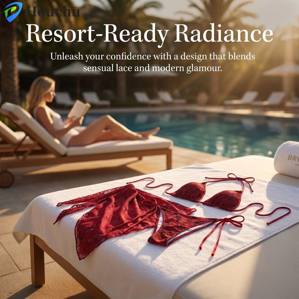 HOUCHU Bộ Bikini Brazil Gợi Cảm, Đồ Bơi Ba Mảnh Lưới Dây, Váy Đi Biển Nylon Ren Đỏ Bikini Tắm