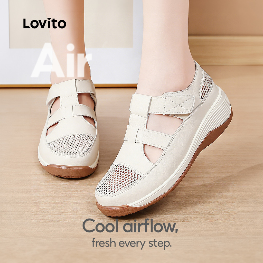 Lovito  Giày Boat Shoes nữ màu trắng ngà đế platform thoáng khí lưới tương phản LFAS8014