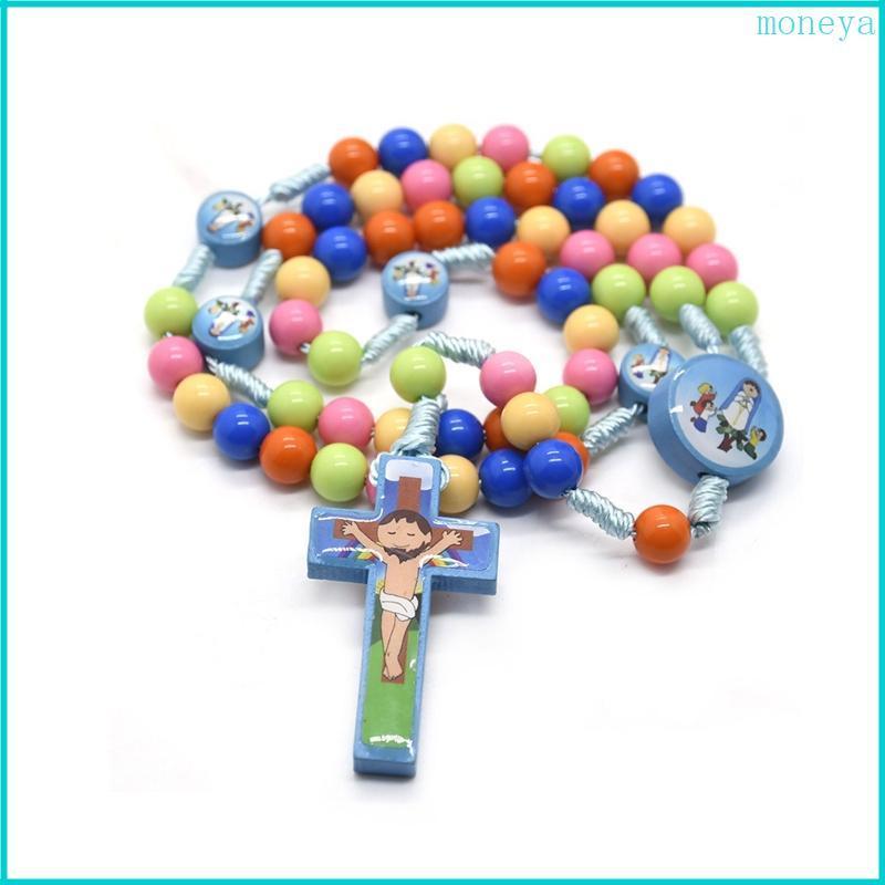 Cartoon Jesus for Cross Rosary Necklace Handmade Colorful Round Beads Pendant