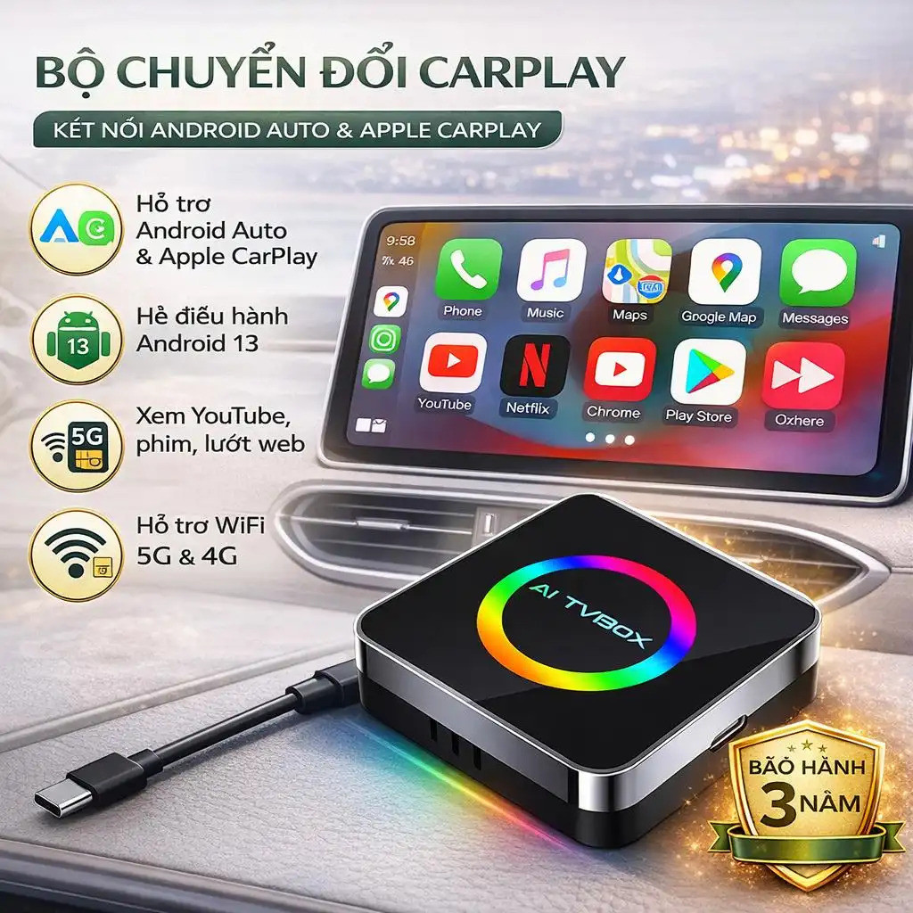 Aibox hộp CarPlay ô tô hộp kết nối xe Android 13 CarPlay đa chức năng giải trí trên xe kết nối xe th