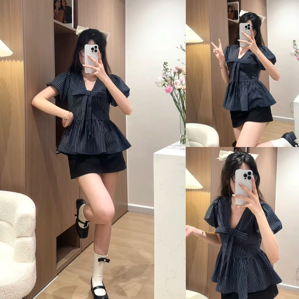 SA Áo Sơ Mi Kẻ Tay Bồng Dáng Ngắn Cổ Tim Hàn Quốc Dilyshop - A135