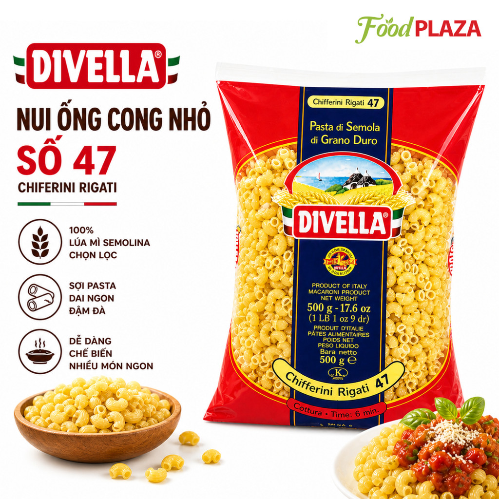 Nui Ống Cong Nhỏ Divella 500g Số 47 Nui Ống Cong Pasta Nấu Súp, Salad