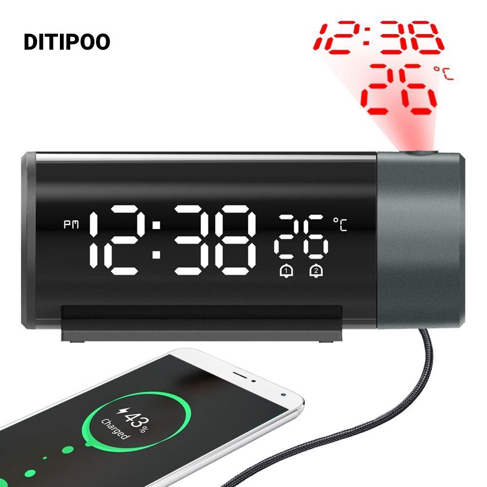 Đồng hồ báo thức kỹ thuật số chiếu DITIPOO, hiển thị nhiệt độ 180° Đồng hồ bàn điện tử có thể xoay đ