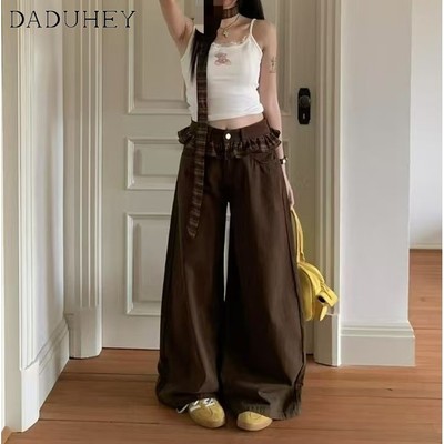 DaDuHey 2026 Vintage Rad Stitching Plaid Lace-up Jeans Spring High Waist Design Loose Straight Trousers