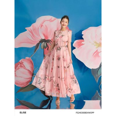 Đầm chiffon hoa hồng cam xếp nhún tầng thiết kế Elise FS2403008DXWOPP