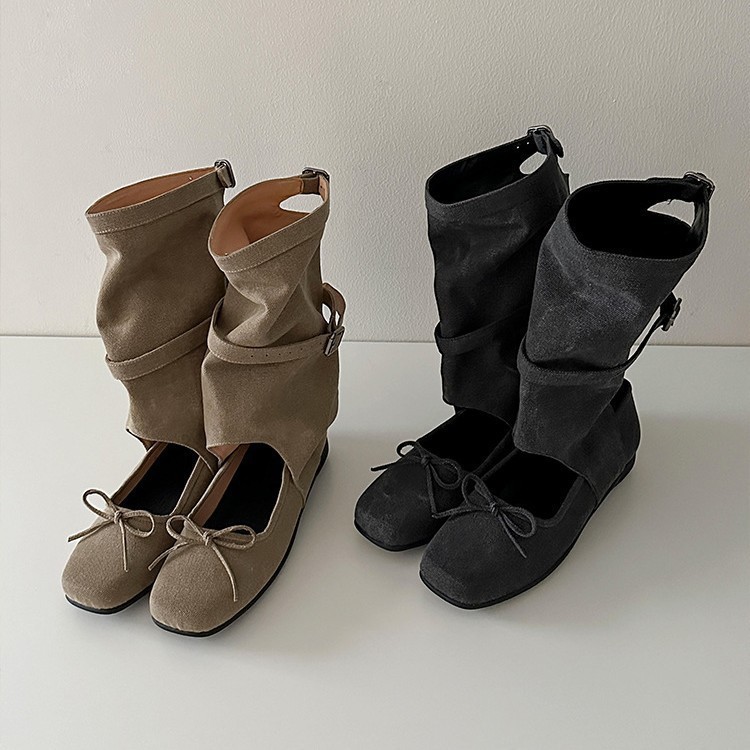 Sheepskin Version~Bowknot ballet shoes, summer sandals, women's western cowboy boots, mid-calf flat 