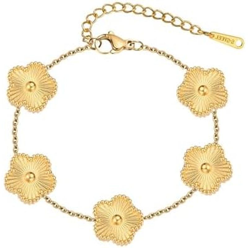 Four Leaf Clover Bracelet for Women – 18K Gold Plated Stainless Steel Lucky Bracelet, Adjustable 4 L