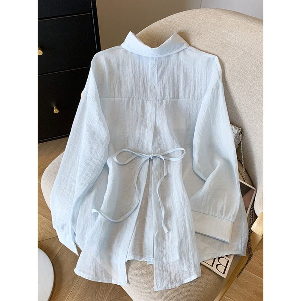 áo sơ mi đi biển áo bayby doll Áo sơ mi chống nắng màu xanh áo cardigan lụa băng mỏng mùa hè cho nữ 