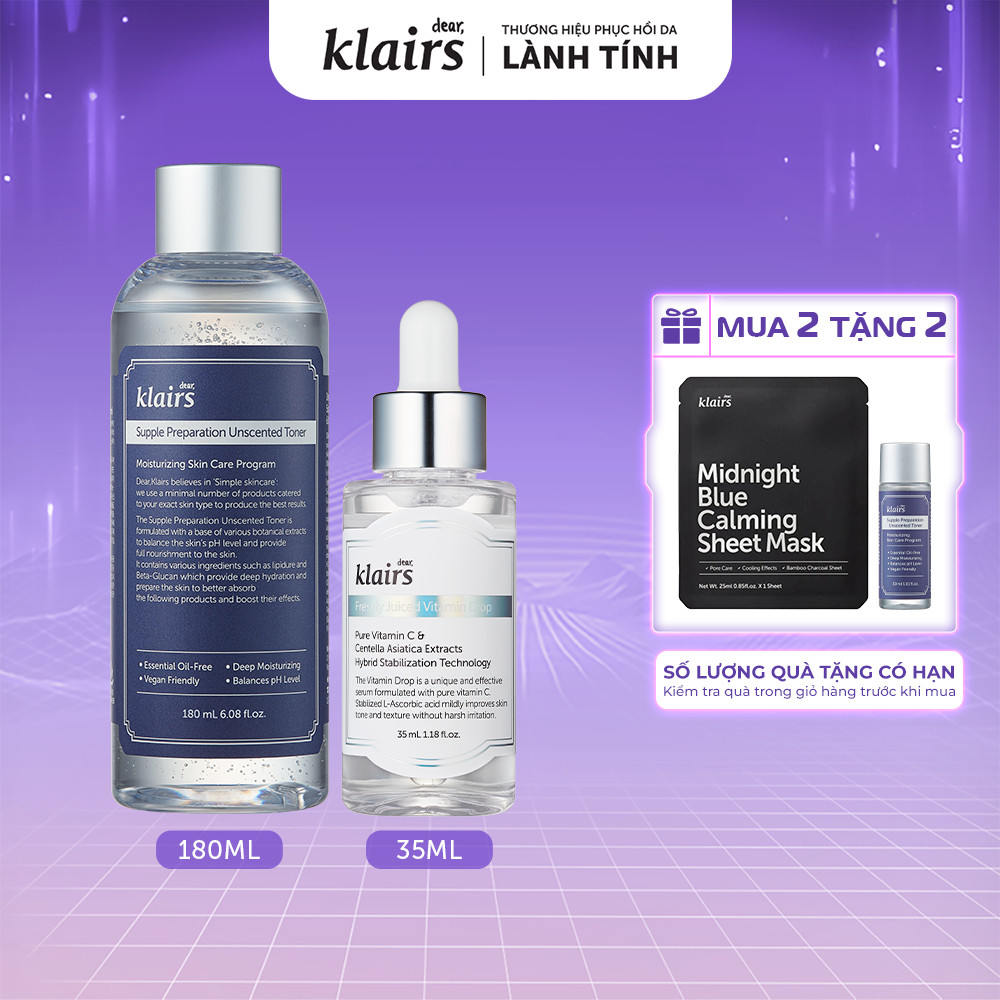 Combo Dear Klairs Freshly Juiced Vitamin Drop + Supple Preparation  Toner 180ml [FS]