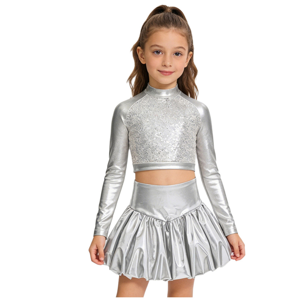 Fldy Girls Sequins Jazz Dance Performance Outfit Kids Modern Latin Dancewear Áo Crop Top dài tay kim