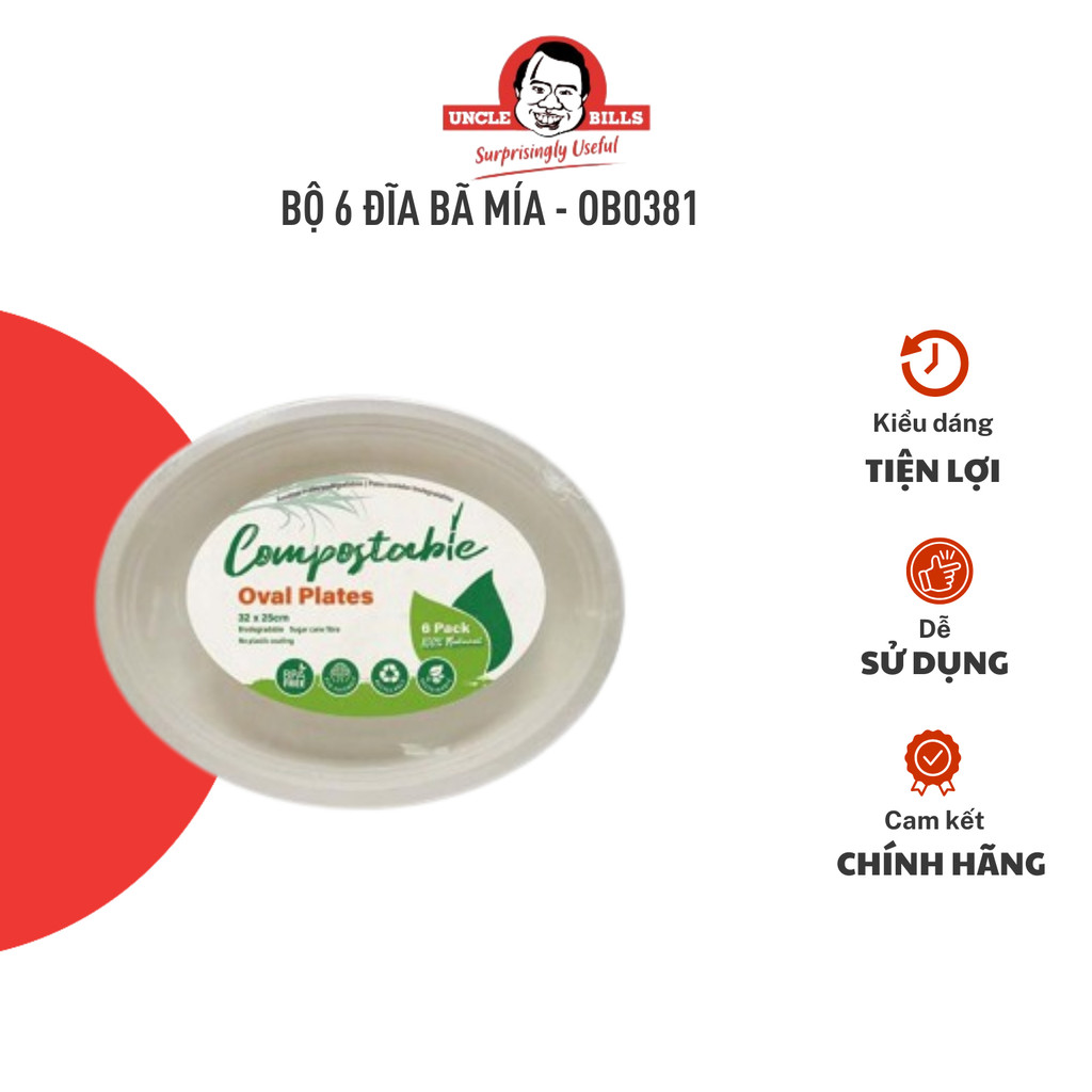 Bộ 6 Đĩa Bã Mía Oval UNCLE BILLS Đĩa Bã Mía Tự Phân Hủy An Toàn Môi Trường - OB0381