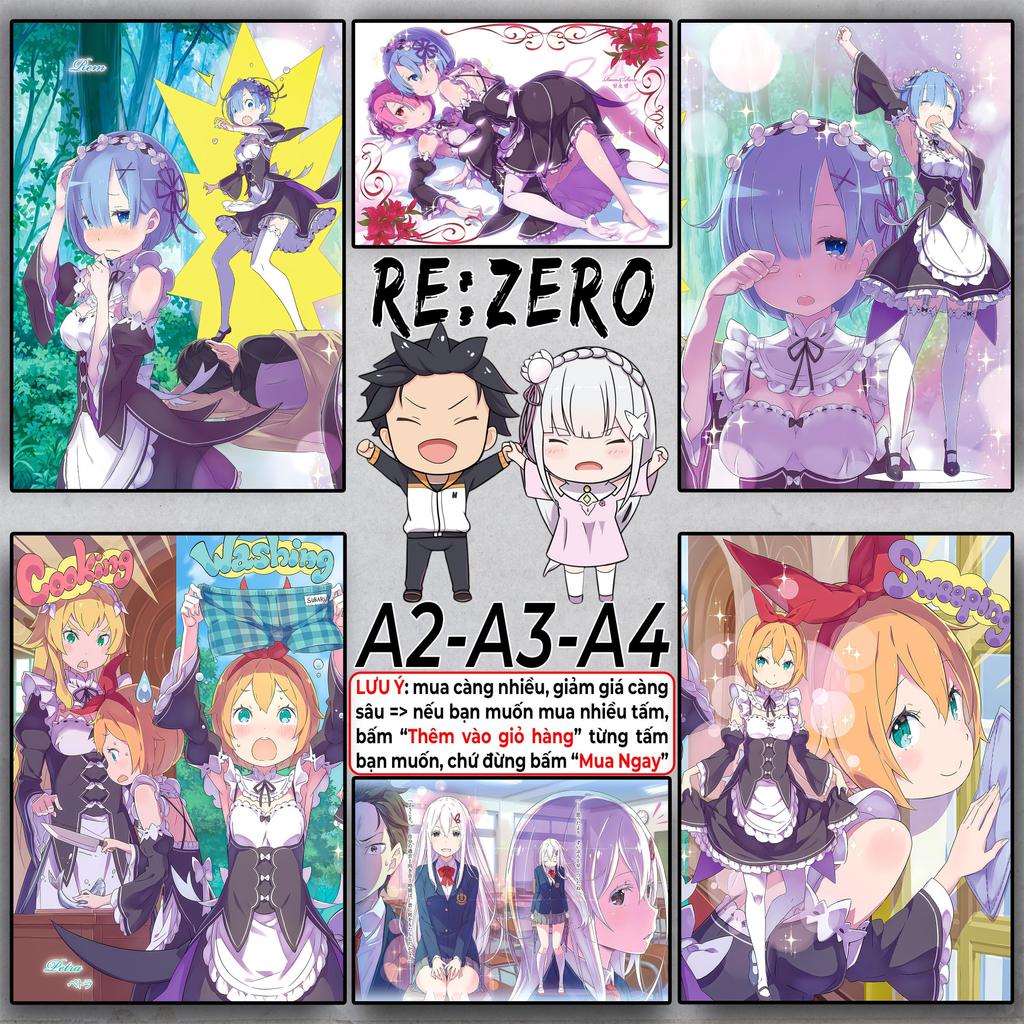 Re:Zero - Poster Anime A2 A3 A4 - Dán tường | Re Zero | Natsuki Subaru | Emilia | Ram | Rem | Beatri