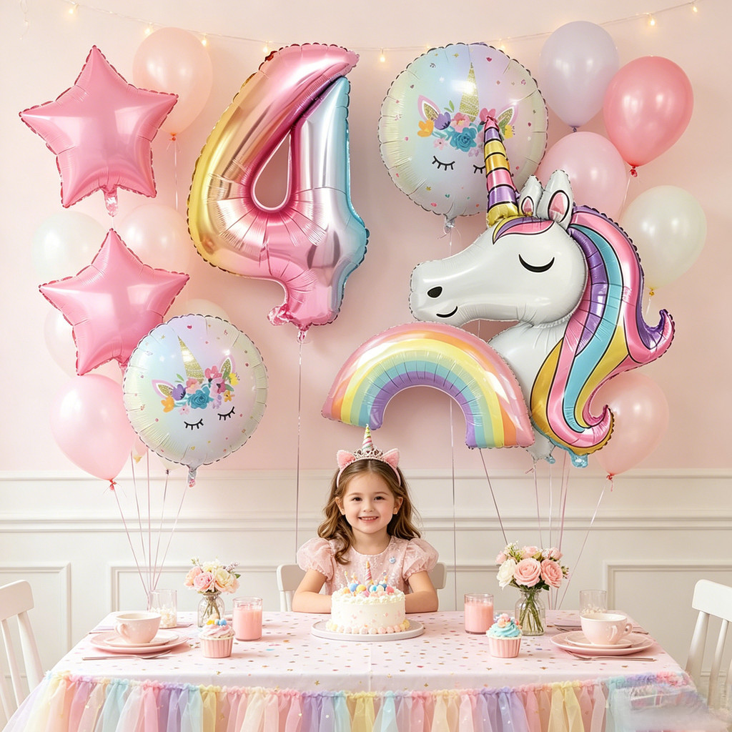 6Pcs All In One Party Balloon Set Pastel Rainbow Star Digit Cartoon Animal Aluminum Balloon For 1-9 