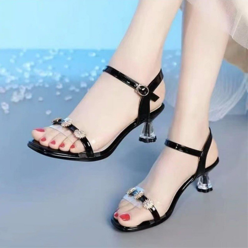 Giày Sandal Mũi Mở 0 Năm Giày Nữ Giữa Gót Phong Cách Cổ Tích Phù Hợp Với Giày Cao Gót Nữ