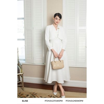 Đầm vân trắng eo lụa xếp nhún thiết kế Elise FF2410124DIWOPW