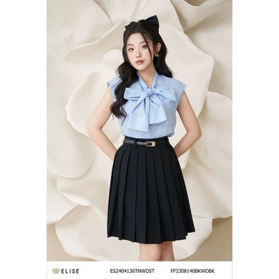 Áo sơ mi thô kẻ xanh buộc nơ thiết kế Elise ES2404136TNWOST