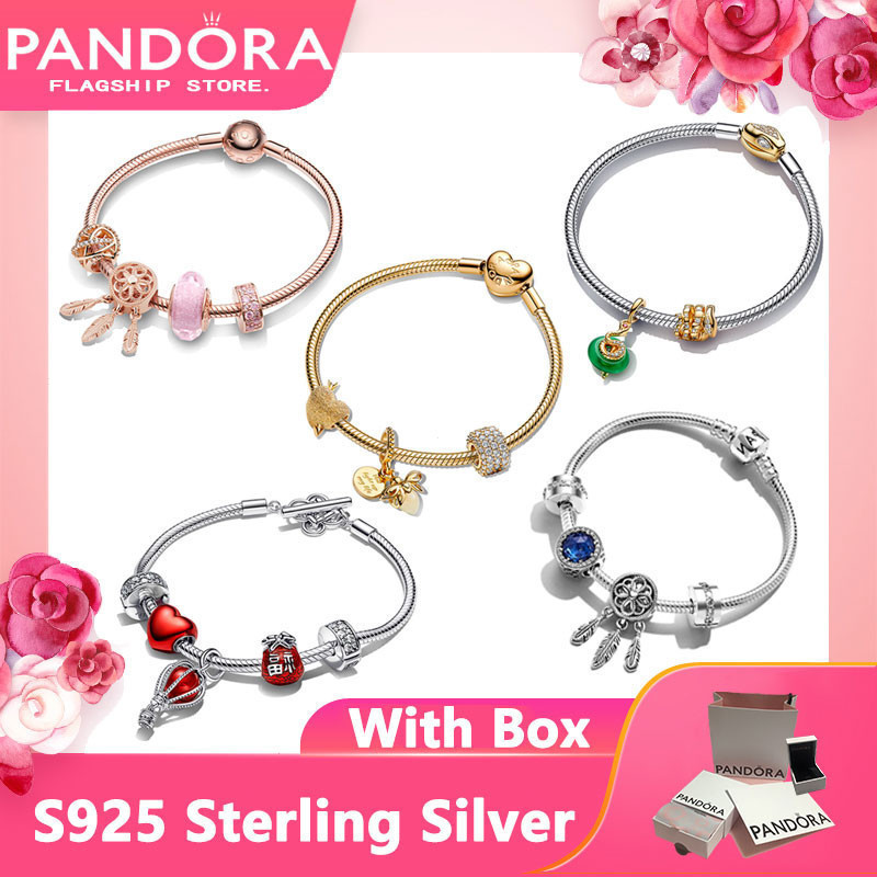 Pandora Bạc 925 Chính Hãng - Cặp Vòng Tay Vàng Hồng, Hộp Mềm Màu Hồng