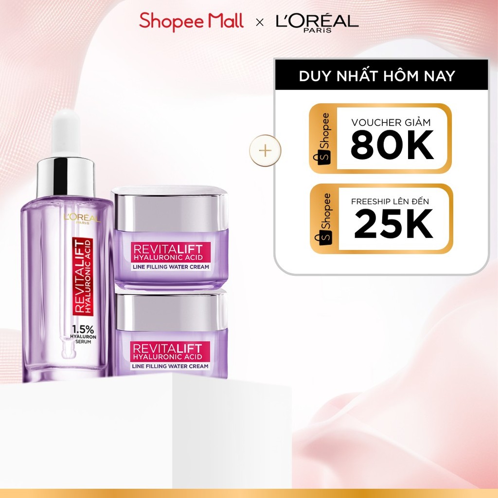 Bộ Serum 30ml và 2 kem dưỡng siêu cấp ẩm và giảm nếp nhăn 15ml x2 L'Oreal Paris Revitalift HA 1.5%