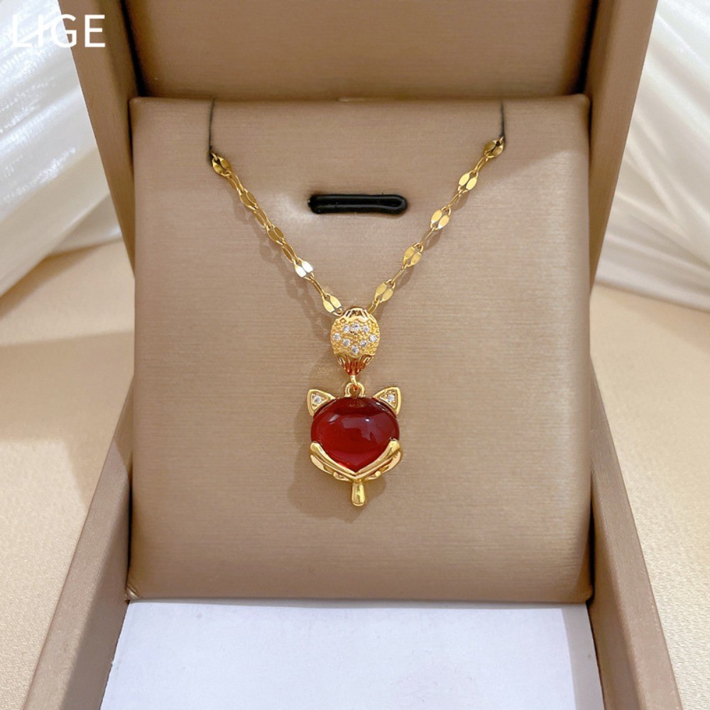 Red Gem Fox Court Style Vòng cổ tuyệt đẹp Dây thép không gỉ