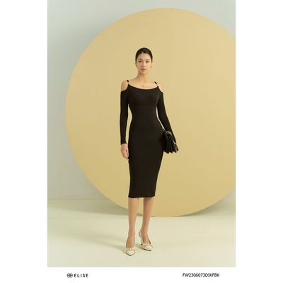 Đầm len đen dài tay hở vai dây PK thiết kế Elise FW2306073DIKFBK