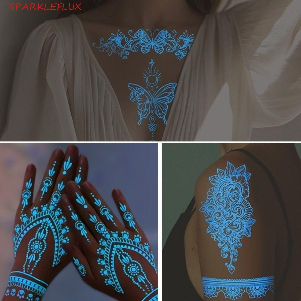 SPARKLEFLUX Nhãn Dán Hình Xăm Henna Dạ Quang, Cánh Tay Chân Trắng Henna Hình Xăm Đề Can, Ren Henna G