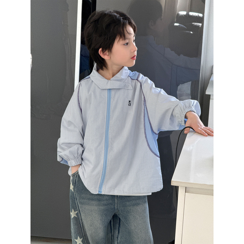 GHSB New children's shirts for boys and girls, spring long-sleeve vertical striped casual shirts wit