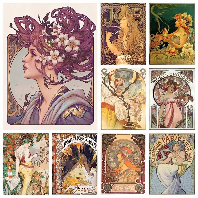 Alphonse Mucha 5D DIY Diamond Painting Embroidery Vintage Beauty Nouveau Woman Cross Stitch Mosaic P