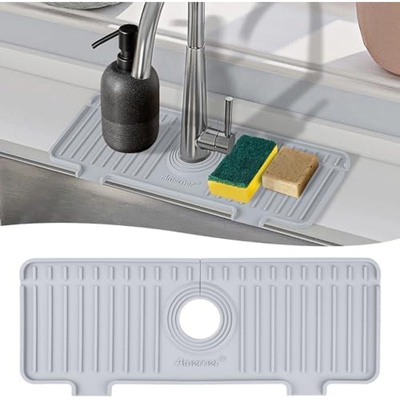 Amerner Kitchen Sink Splash Guard, 10° Large Slope & Adaptable Hole Faucet Mat for Kitchen Sink, Sil