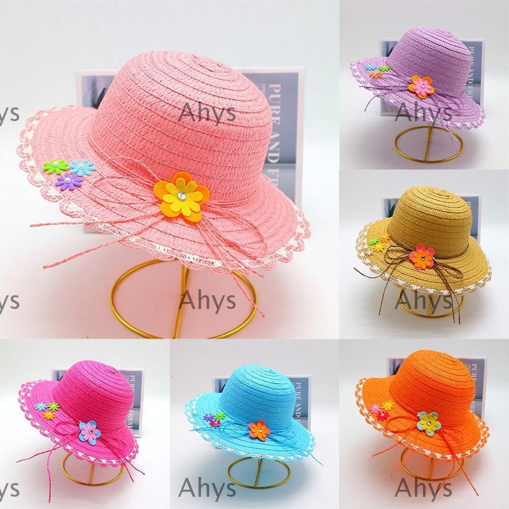Mũ Rơm AHYS, Mũ Chống Nắng Thủ Công Vành Rộng, Trang Trí Hoa Ngọt Ngào Mũ Đi Biển 3-7Year