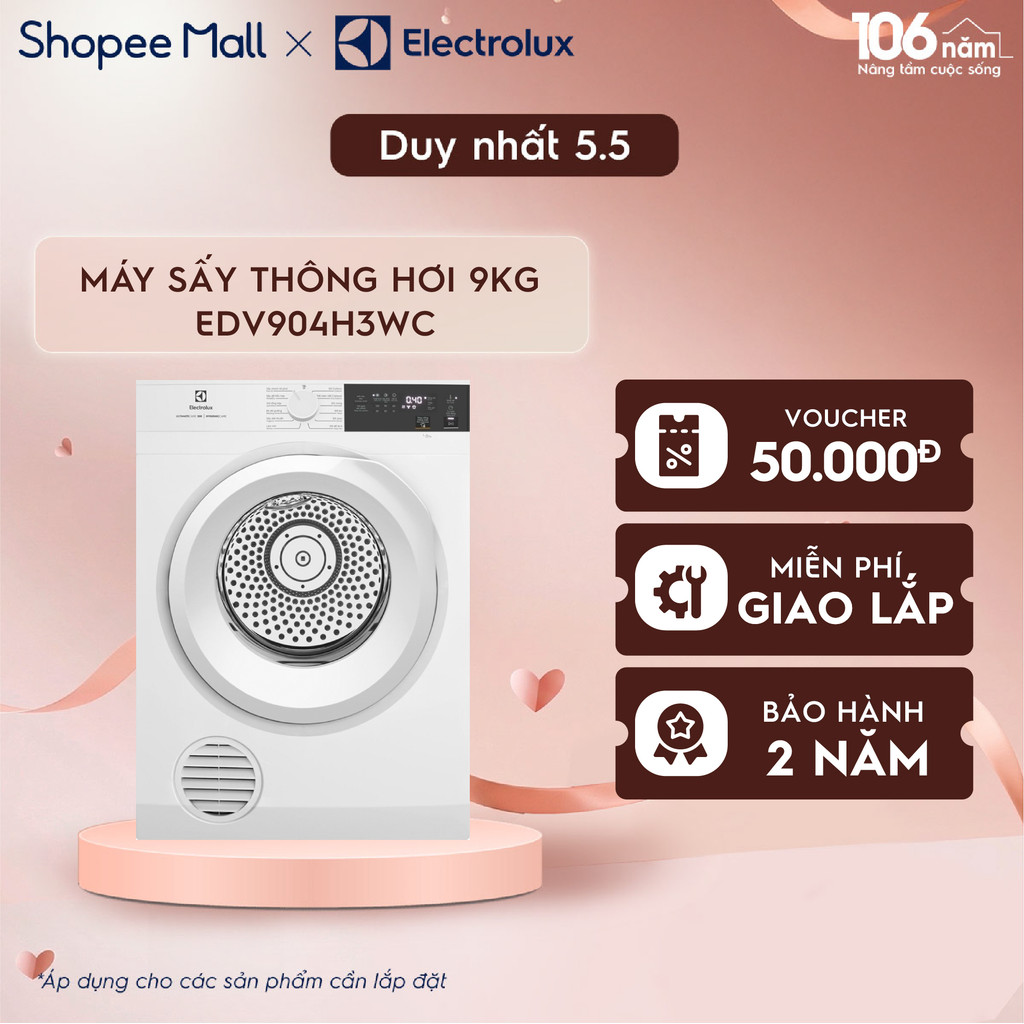 Free giao lắp - Máy sấy thông hơi 9KG Electrolux EDV904H3WC - sấy đảo chiều chống nhăn, diệt khuẩn, bền màu | BigBuy360 - bigbuy360.vn