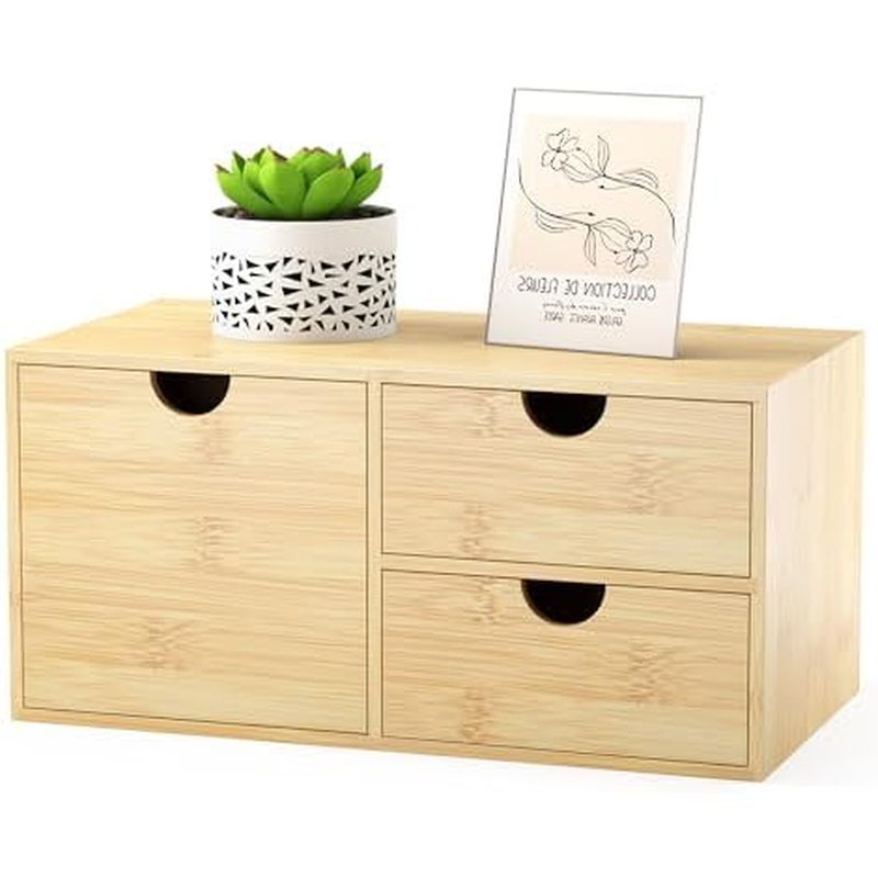 Wisuce Desk Organizer with Drawers - Bamboo Desktop Organizer Storage | White-Natural Wood Desk Draw