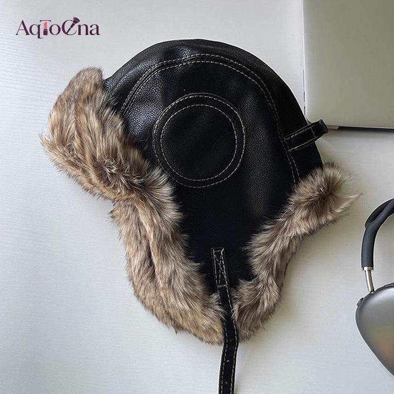 AqToCna 1 Nam Nữ Phi Công Aviator er Trapper Mũ Lông Thú Giả Da Mũ Tuyết Có Nắp Tai Phi Công Mùa Đôn