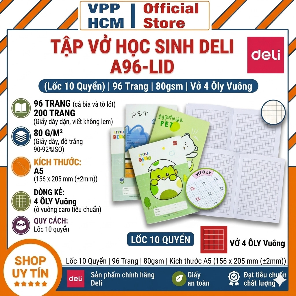 Tập Vở Học Sinh Deli A96-LID Khổ A5 Định Lượng 80gsm Vở 4 Ôly Vuông
