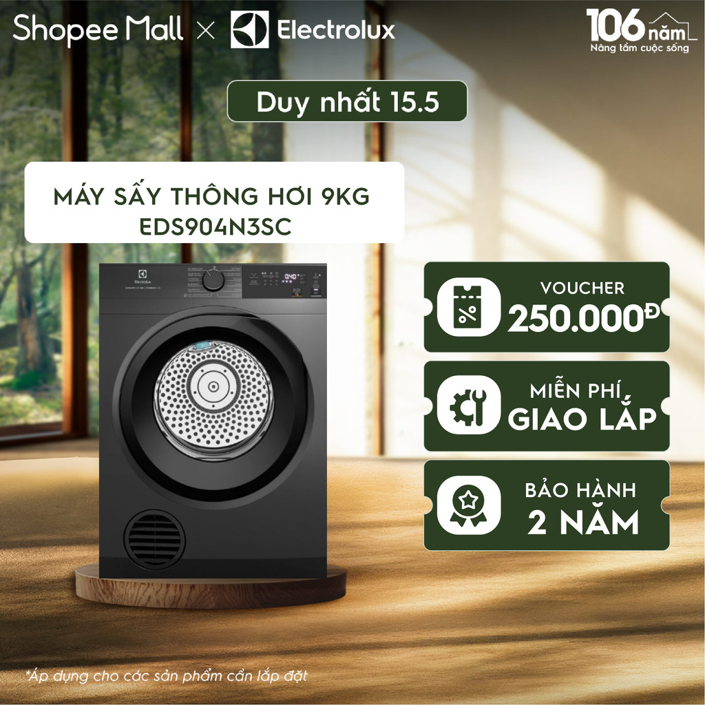 Máy sấy thông hơi Electrolux EDS904N3SC 9 kg, Xám đen, Dung lượng lớn cho gia đình từ 3-5 người