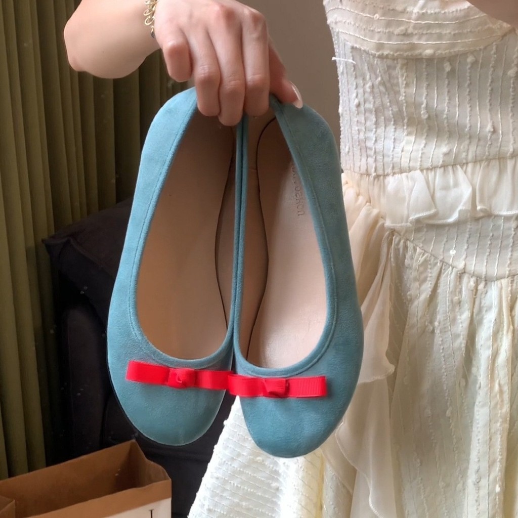 Sheepskin Version~Bow-tie round-toe ballet shoes for women, blue flat shoes, fairy-style shallow sin
