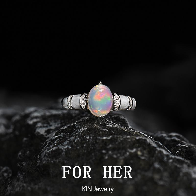 Nhẫn mở Opal đầy màu sắc tự nhiên | Bạc S925 | Nhẫn Opal phong cách Niche sang trọng nhẹ nhàng
