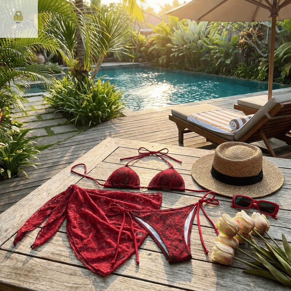 WAY Bộ Bikini Brazil, Dây Lưới Đồ Bơi Ba Mảnh, Đi Biển Váy Nylon Ren Đỏ Bikini Mùa Hè