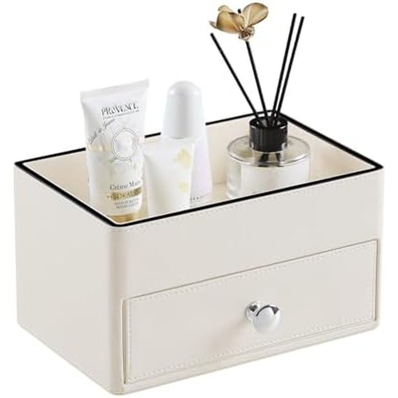 PU Leather Desk Organizer with Drawer, Multifunctional Nightstand Organizer, Waterproof Makeup Organ