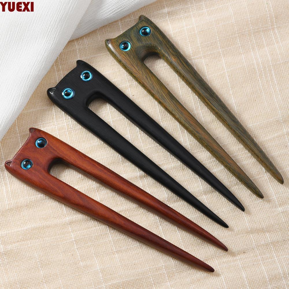 Kẹp tóc mèo gỗ đàn hương YUEXI, Mũ lưỡi trai bằng gỗ Blackwood Kitty Hair Stick, Trang sức Nifty Vin