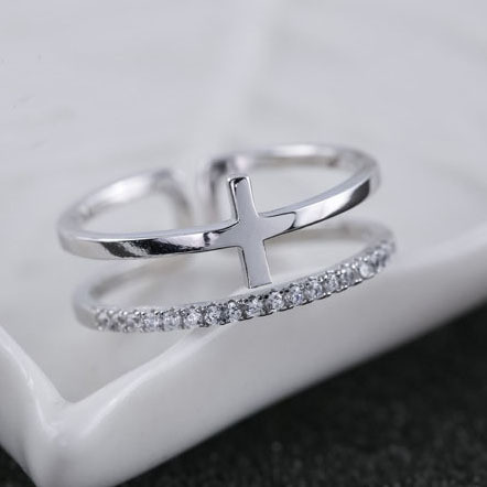 【Ready Stock】 Openning Silver Ring Cross Double Layer Diamond-Studded Ring Sterling Silver Ornament 