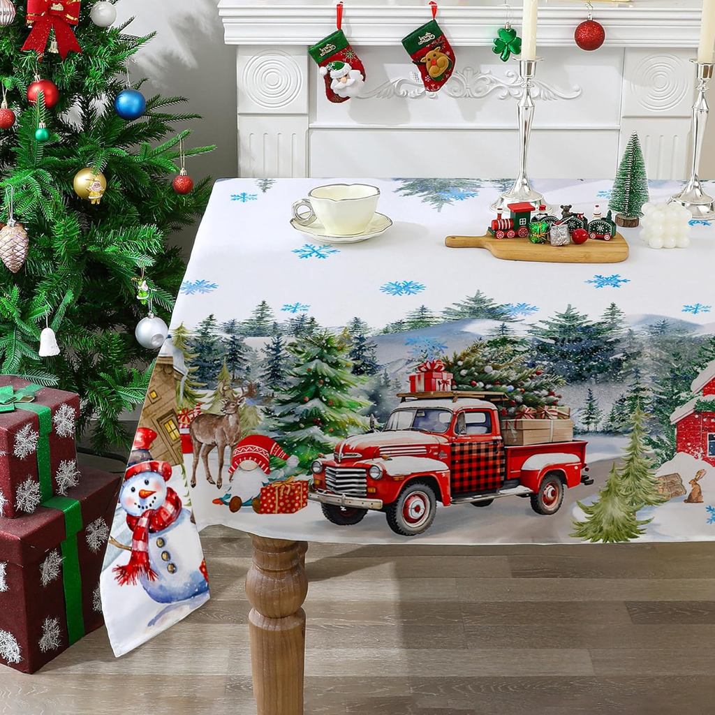 Khăn trải bàn Giáng sinh 52x70 inch, Khăn trải bàn ngày lễ cho bàn hình chữ nhật - Xe tải và người t
